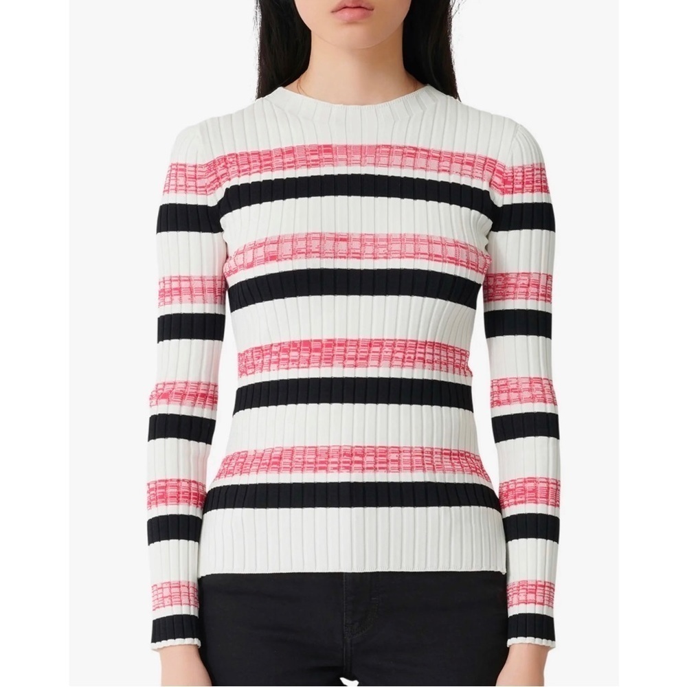 Maje Manuel Stripe Rib Sweater Ecru Pink Black Stripe 1‎ S